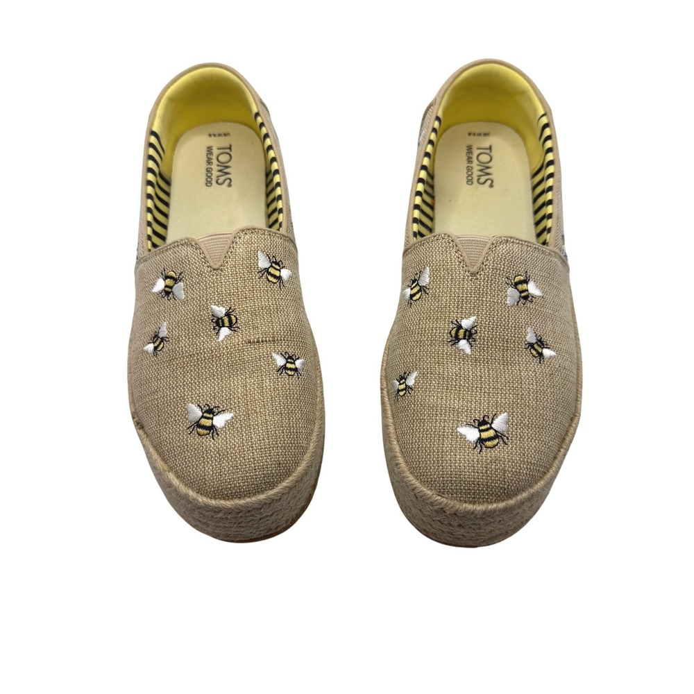 Toms Alpargata Rope Bee Embroidered Platform Espadrille Shoes Tan Womens 9.5